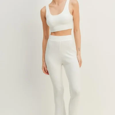 Waffle Tank and High Waist Flare Pants Set - White