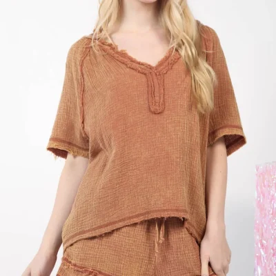 Washed Cotton Crinkle Gauze Top and Shorts Set - Mocha