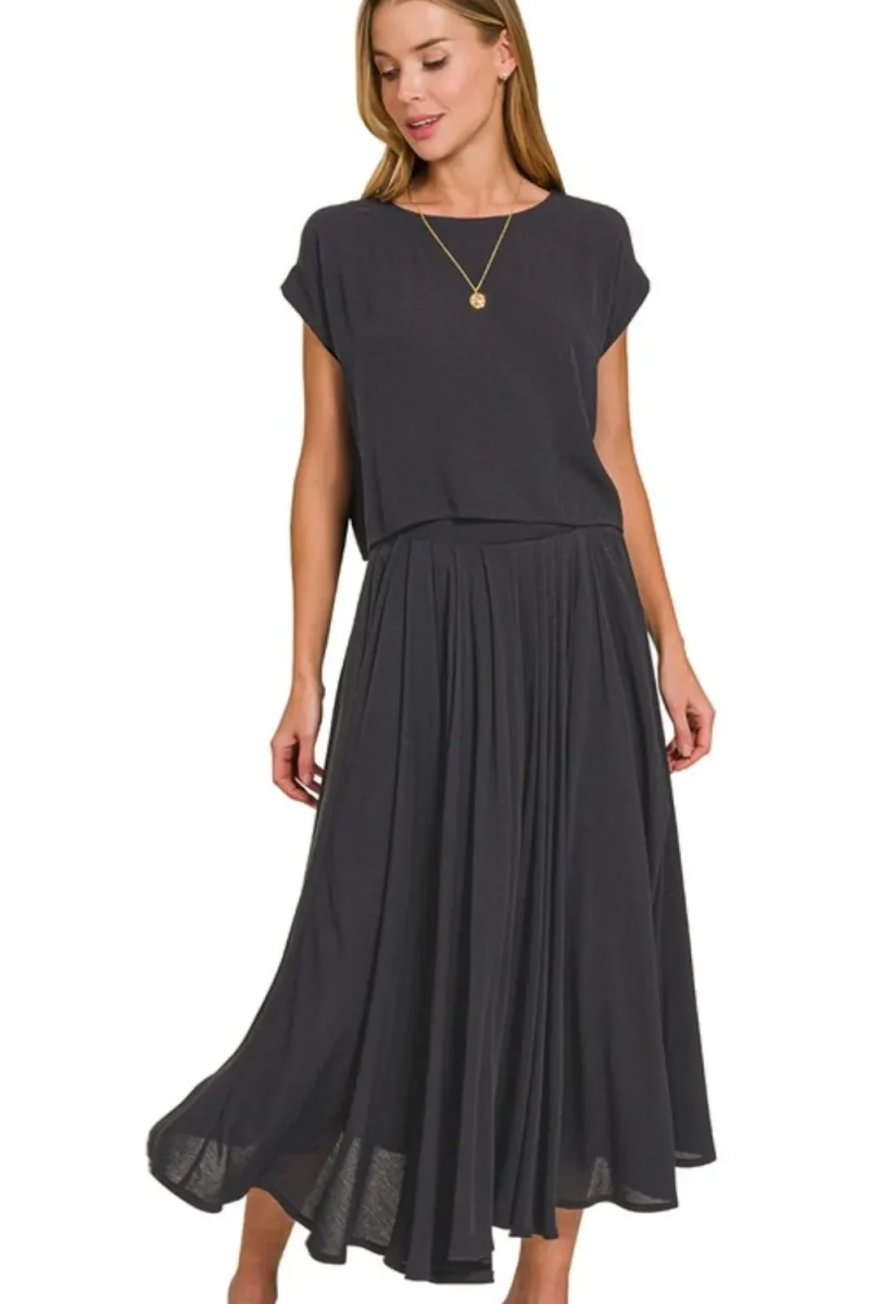 Woven Crinkle Gauze Crop Tee and Skirt Set - Black