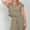 Woven Cropped Top & Waist Tie Shorts Set - Sage
