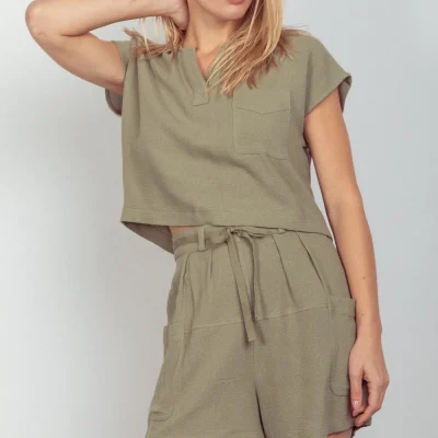 Woven Cropped Top & Waist Tie Shorts Set - Sage